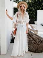 Cover Ups White Lace Up V Neck Half Sleeves Summer Beach Swimwear Cover Ups