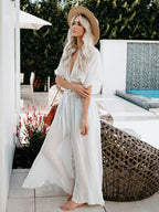 Cover Ups White Lace Up V Neck Half Sleeves Summer Beach Swimwear Cover Ups