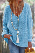 V Neck Drop Shoulder Solid Knit Sweater