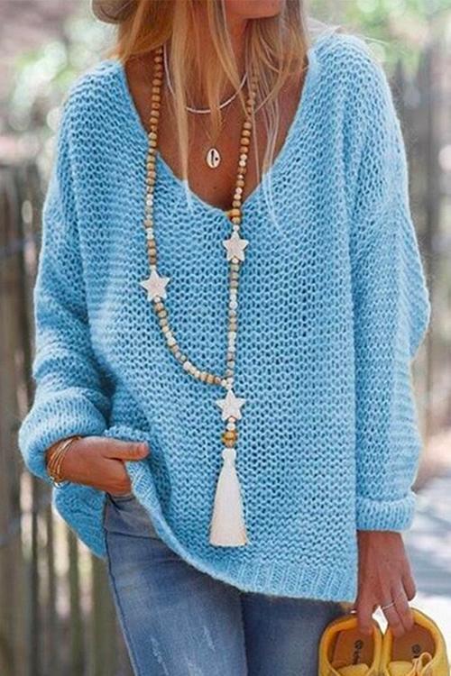 V Neck Drop Shoulder Solid Knit Sweater