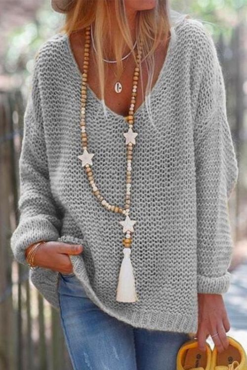 V Neck Drop Shoulder Solid Knit Sweater