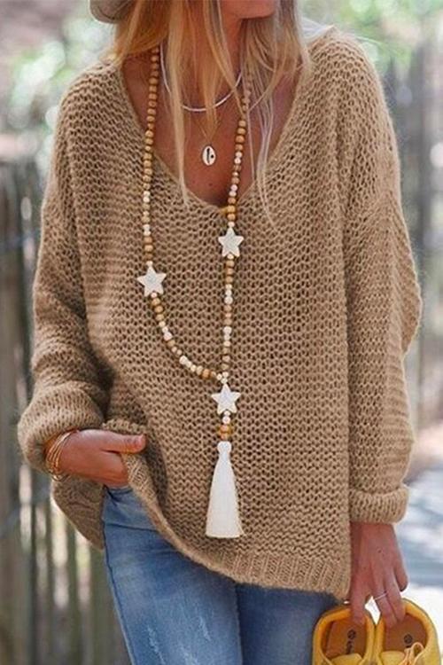 V Neck Drop Shoulder Solid Knit Sweater
