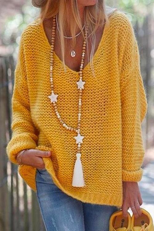 V Neck Drop Shoulder Solid Knit Sweater