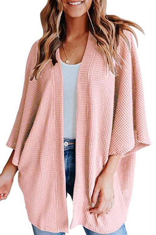 Solid 3/4 Sleeve Open Front Kimono Cardigan