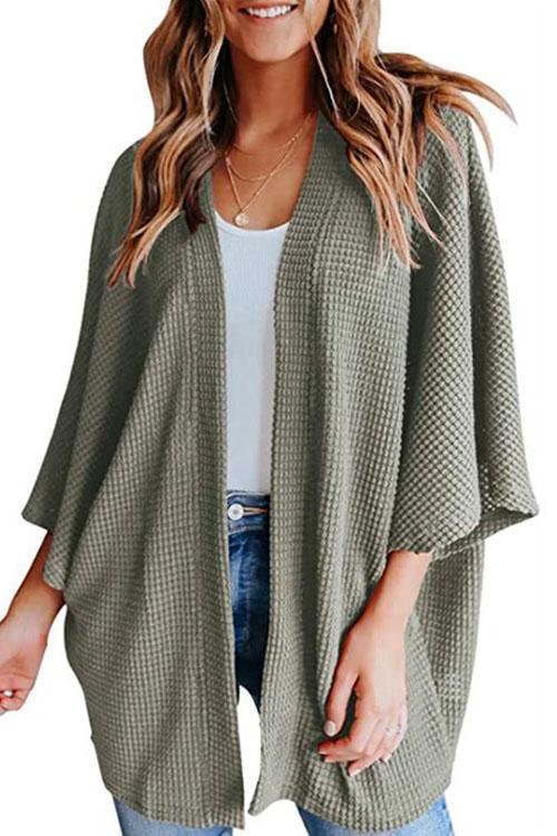 Solid 3/4 Sleeve Open Front Kimono Cardigan