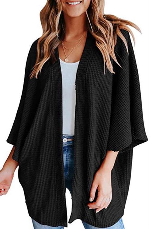 Solid 3/4 Sleeve Open Front Kimono Cardigan