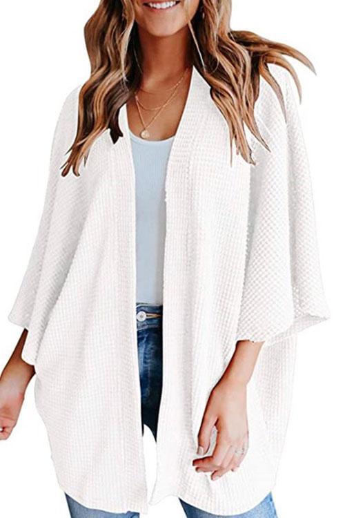 Solid 3/4 Sleeve Open Front Kimono Cardigan