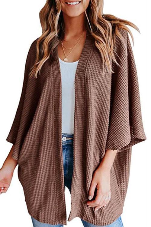 Solid 3/4 Sleeve Open Front Kimono Cardigan