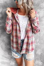 Long Sleeve Drawstring Hoodied Plaid Shirt