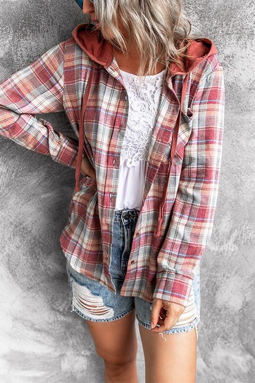 Long Sleeve Drawstring Hoodied Plaid Shirt