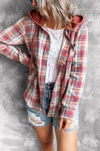 Long Sleeve Drawstring Hoodied Plaid Shirt