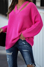 V Neck Long Sleeve Solid Knitting Top