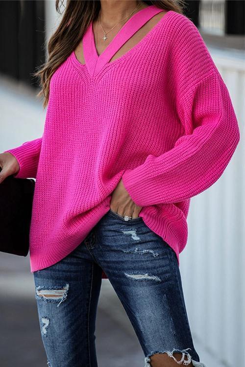 V Neck Long Sleeve Solid Knitting Top