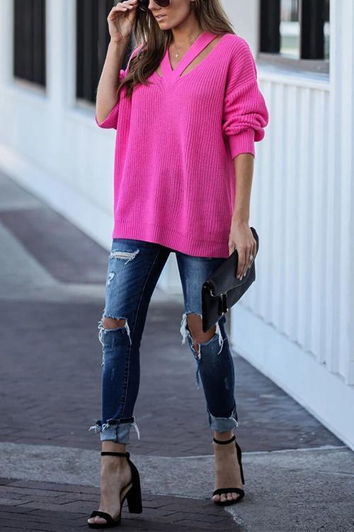 V Neck Long Sleeve Solid Knitting Top