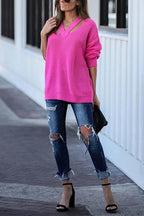 V Neck Long Sleeve Solid Knitting Top