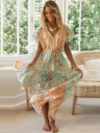 Boho Floral Maxi Dress for Women - Paisley V Neck Flutter Sleeve Layered Swing Dress - Summer Beach Party 2026