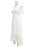 White Lace Maxi Boho Dress for Women - Embroidery Button Front Short Sleeves High Low Dress - Summer Beach Bridal Party Wear 2026