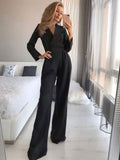 Black V-Neck Long Sleeves Jumpsuits For Women