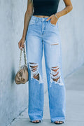 One Button Straight Leg Ripped Denim Pants