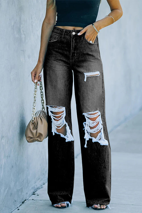 One Button Straight Leg Ripped Denim Pants