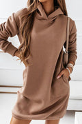 Solid Long Sleeve Pockets Hoodied Sweatshirt Dress