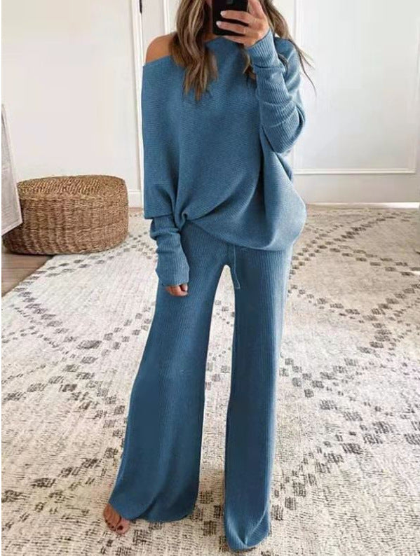 Cold Shoulder Pullover and Tie Waist Pants Solid Knit Set
