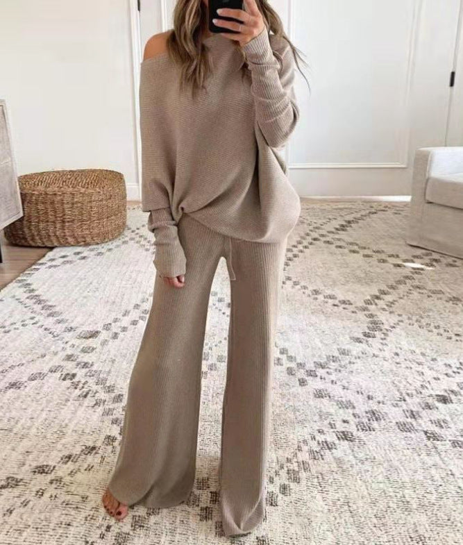 Cold Shoulder Pullover and Tie Waist Pants Solid Knit Set