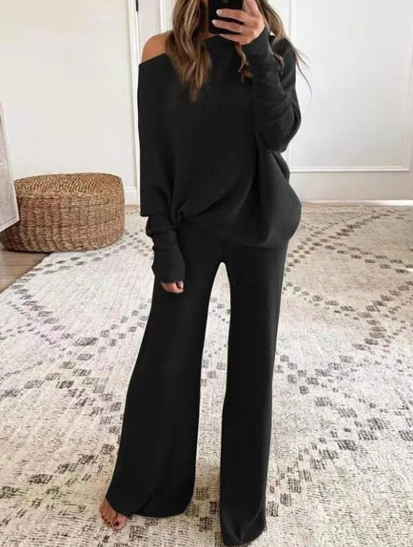 Cold Shoulder Pullover and Tie Waist Pants Solid Knit Set