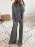 Cold Shoulder Pullover and Tie Waist Pants Solid Knit Set