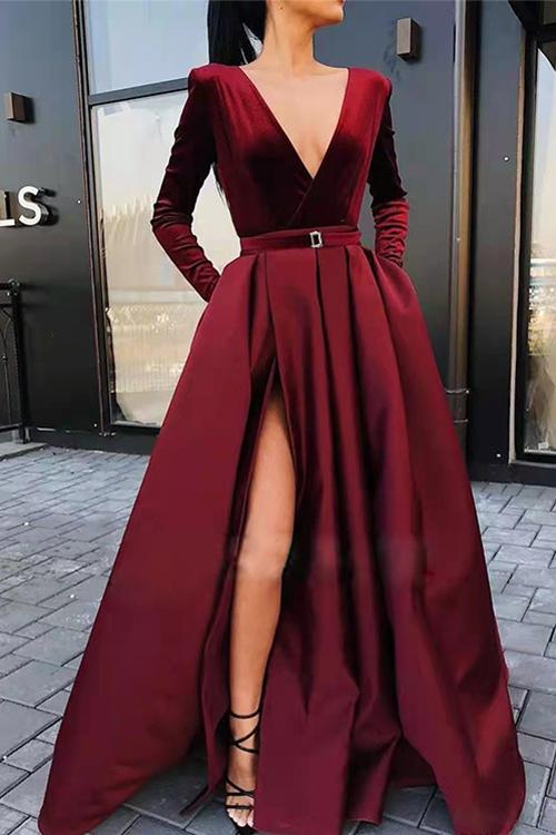 Deep V Neck High Split Velvet Swing Party Dress