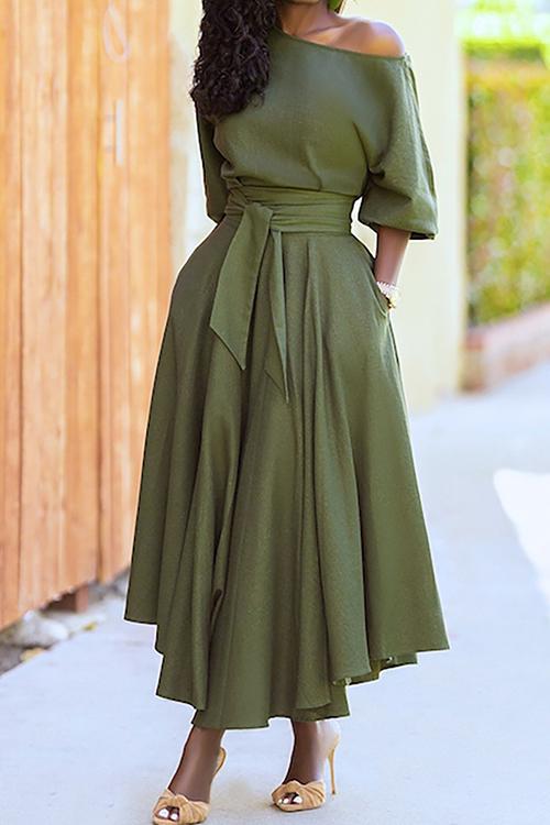Half Sleeve Tie Waist Midi Pleated Dress