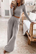 Long Sleeve Crop Top Elastic Waist Wide Leg Pants Set