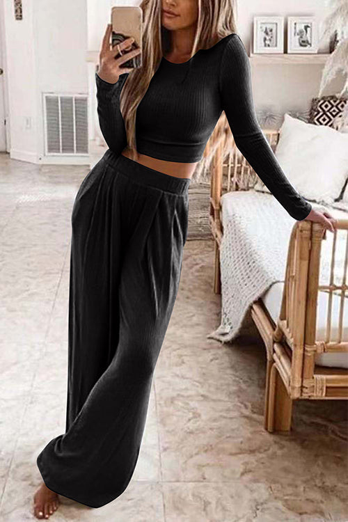 Long Sleeve Crop Top Elastic Waist Wide Leg Pants Set