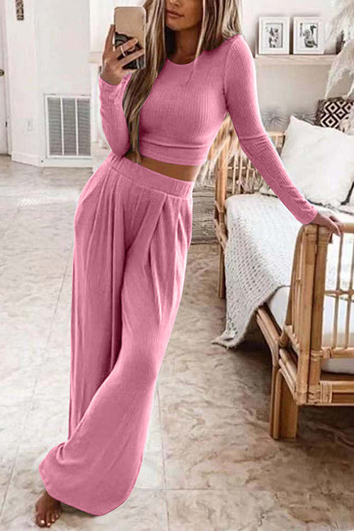 Long Sleeve Crop Top Elastic Waist Wide Leg Pants Set