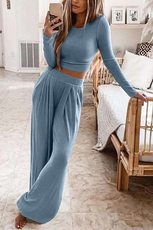 Long Sleeve Crop Top Elastic Waist Wide Leg Pants Set