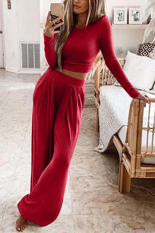 Long Sleeve Crop Top Elastic Waist Wide Leg Pants Set