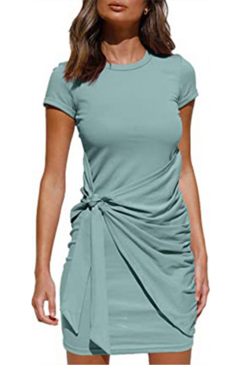 Crewneck Short Sleeve Tie Knot Waist Dress