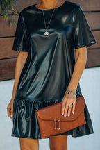 Short Sleeve Faux Leather Ruffle Club Dress