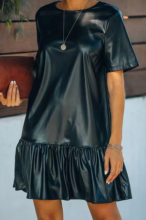 Short Sleeve Faux Leather Ruffle Club Dress