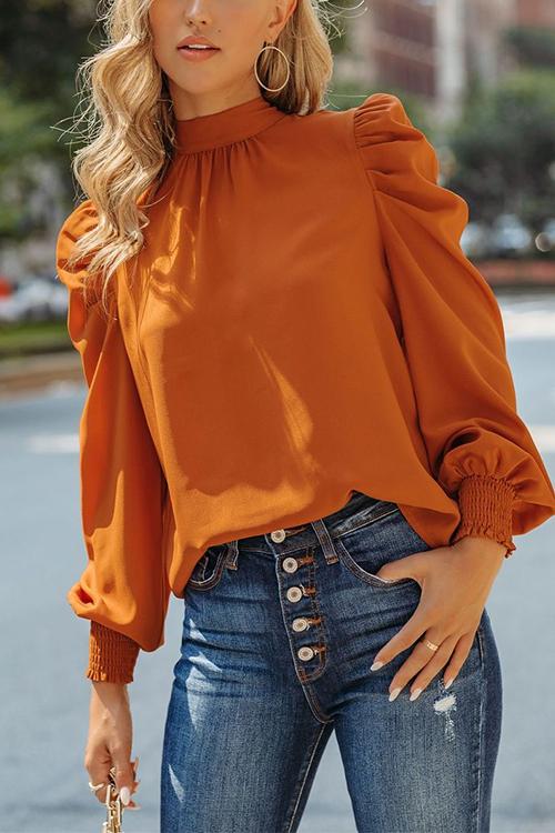 Mockneck Ruffle Puff Sleeve Blouse Top