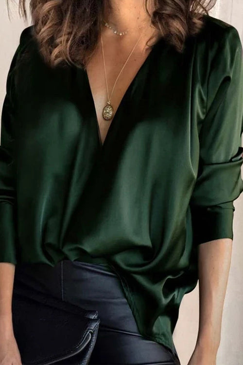 Solid V Neck Long Sleeve Blouse Top