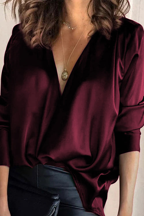 Solid V Neck Long Sleeve Blouse Top