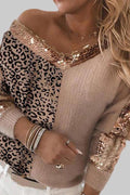 V Neck Leopard Sequin Splice Sweater