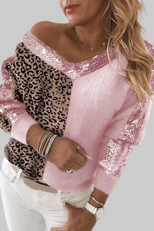 V Neck Leopard Sequin Splice Sweater