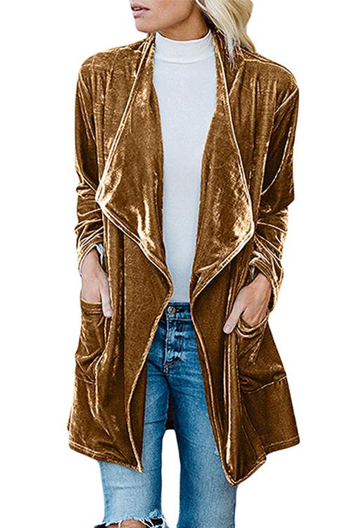 Open Front Long Sleeve Pockets Velvet Coat