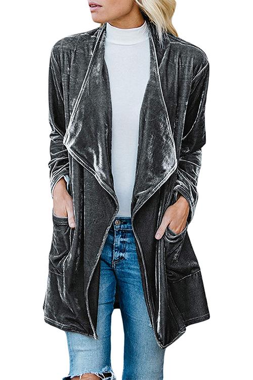 Open Front Long Sleeve Pockets Velvet Coat