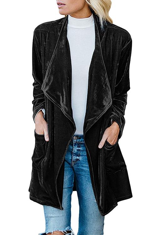 Open Front Long Sleeve Pockets Velvet Coat