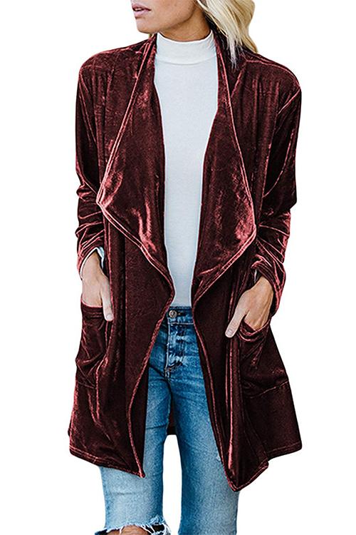 Open Front Long Sleeve Pockets Velvet Coat
