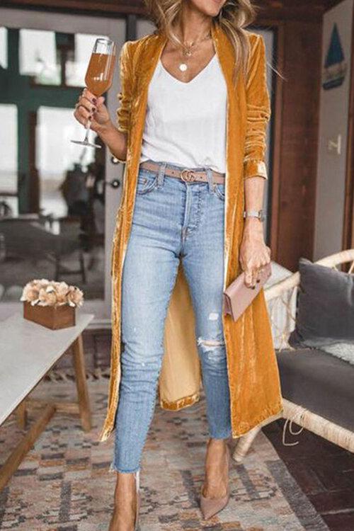 Solid Lapel Open Front Long Velvet Coat