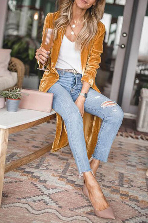 Stylish Lapel Open Front Long Sleeve Velvet Coat